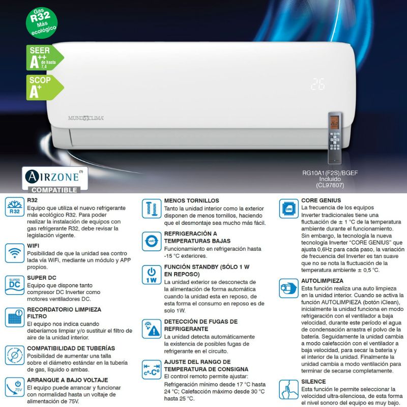 Aire Acondicionado MUNDOCLIMA MUPR-09-H11 | 2.236 Frigorías | R32 | A++ | WiFi incluido