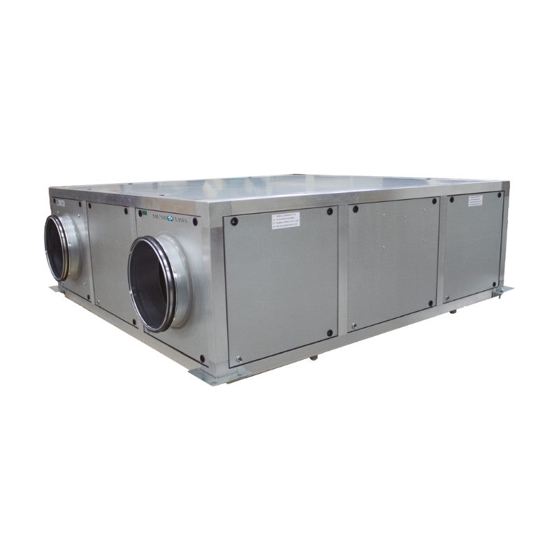 Recuperador de calor Mundoclima MURECO-CLASSIC H en carcasa de aluminio y paneles de Aluzinc con dos bocas de conexión circulares