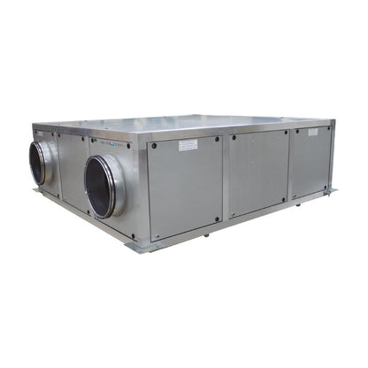 Recuperador de calor Mundoclima MURECO-CLASSIC H en carcasa de aluminio y paneles de Aluzinc con dos bocas de conexión circulares