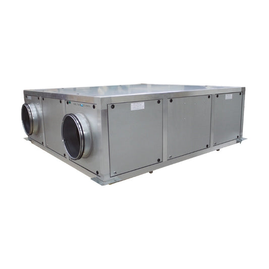 Recuperador de calor Mundoclima MURECO-CLASSIC H en carcasa de aluminio y paneles de Aluzinc con dos bocas de conexión circulares