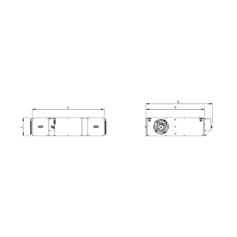 Plano acotado del recuperador MURECO-EVO EC con vista frontal y lateral y las cotas A, B, C y D