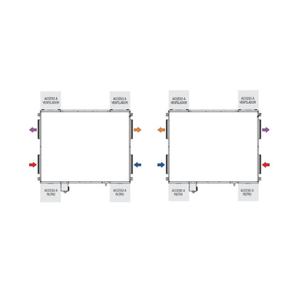 Vista superior del recuperador MURECO-EVO EC con flujos de aire y accesos a ventiladores y filtros, en la configuración de fábrica y la modificada en obra