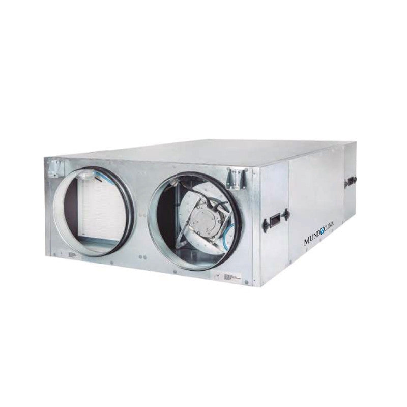 Recuperador de calor Mundoclima MURECO-EVO EC con carcasa de acero galvanizado, dos embocaduras circulares y ventilador plug-fan visible