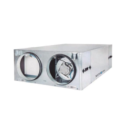 Recuperador de calor Mundoclima MURECO-EVO EC con carcasa de acero galvanizado, dos embocaduras circulares y ventilador plug-fan visible